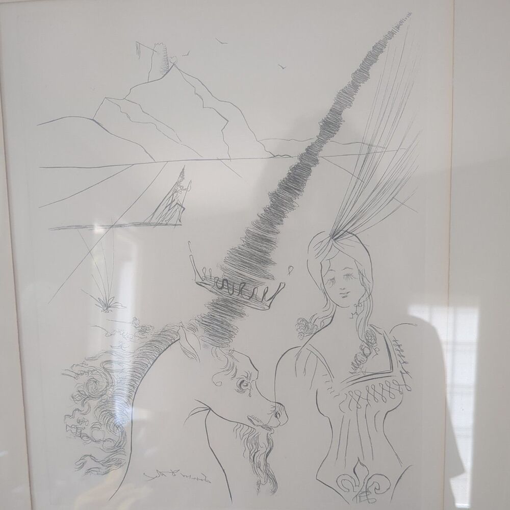 Salvador Dali Lady with Unicorn in a Landscape signed in plate backward Framed